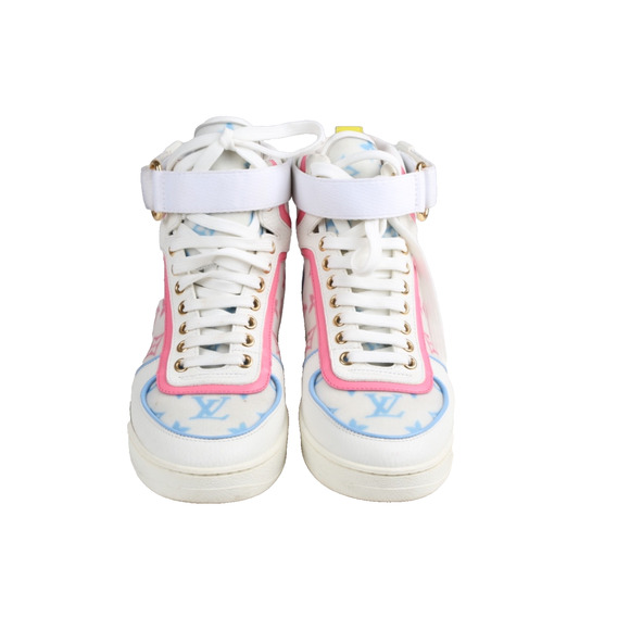 Louis Vuitton Lace Up Boombox High Top Sneakers Blue Pink White Leather LV Sz 37 - Picture 13 of 15